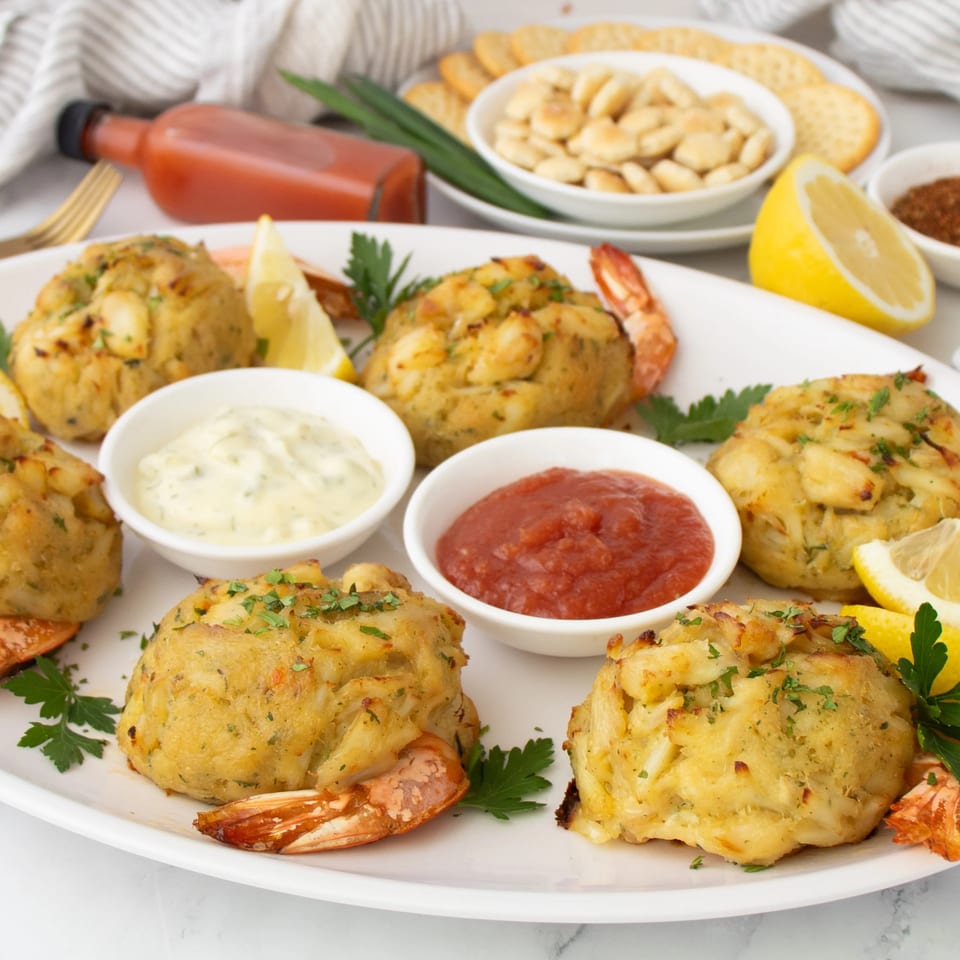 A platter of shrimp-stuffed crab cakes with dipping sauces, lemon wedges, and crackers.