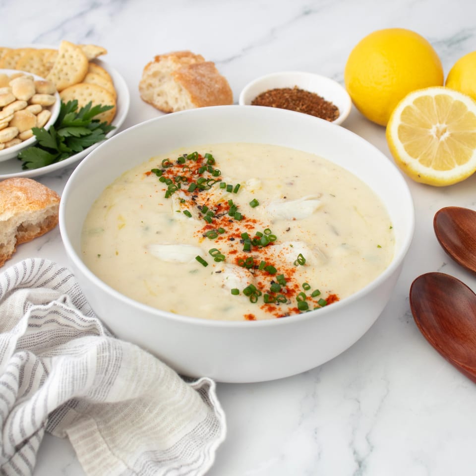 Creamy crab chowder in a white bowl, garnished with chives and paprika, served with crackers and lemon.