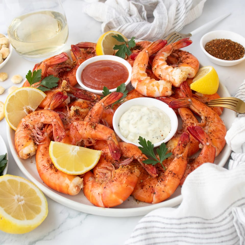 A platter of seasoned shrimp with lemon wedges, cocktail sauce, tartar sauce, and a glass of white wine.